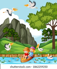 Niños lanzan el bote en la ilustración de la escena del bosque del arroyo