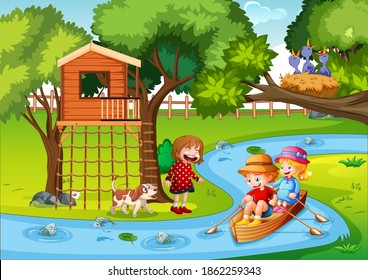 Children row the boat in the stream forest scene illustration