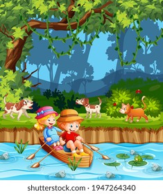 Children row the boat in the stream forest scene illustration