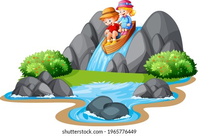 Los niños hilan el bote en la ilustración de la cascada