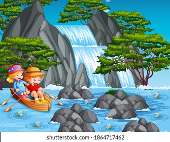 Children row the boat in the waterfall scene illustration