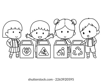 Children with rubbish bin, sorting garbage, such as general waste, compostable waste, recycle waste, hazardous waste. save the planet concept. coloring book for kid.