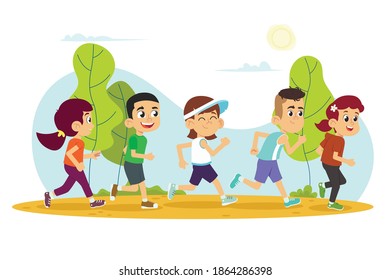 children run. cute boys and girls jogging in the park. vector illustration