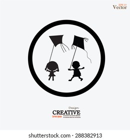 children run with kite.kid with kite.vector illustration.