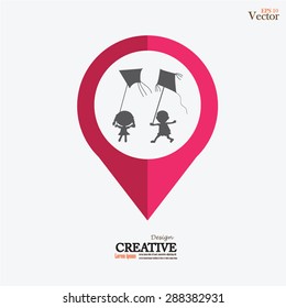 children run with kite.kid with kite.vector illustration.