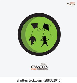 children run with kite.kid with kite.vector illustration.