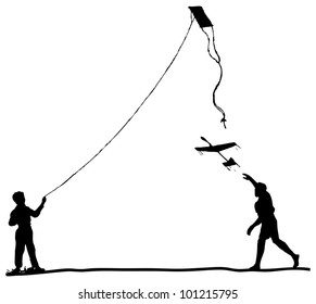 Children run the kite and model glider. Vector illustration.