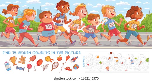 Children run marathon. Find 15 hidden objects in the picture. Puzzle Hidden Items. Funny cartoon character. Vector illustration