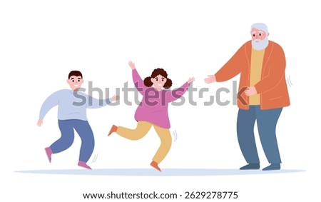 Children run to meet an elderly man with gray hair and beard. Grandfather wants to hug a boy and a girl. Vector flat graphics.