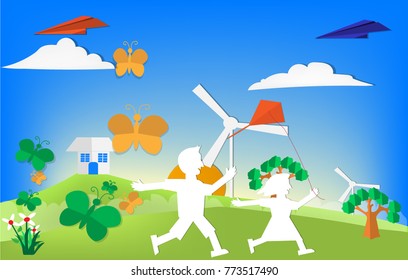 children run on green mountain view with butterfly flying above flower ,and plane paper flying above home, with sun blue sky background, vector paper art and illustration concept.