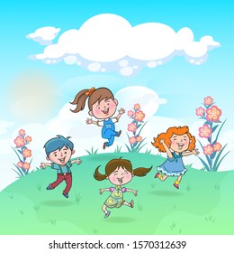 Children run and play happily in the flower garden. Shady atmosphere, soft sunlight.hand drawn style vector design illustrations.