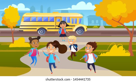 Children runing to school. Back to school concept.