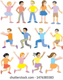 Children Runing Side View, Cute Cheerful Active Child Run, Jump and Standing isolated , multi ethnic and different race, white yellow brown and black , running side view  - Vector