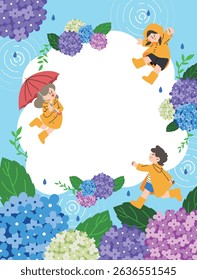Children running among hydrangeas in the rain