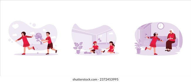 Children running around outdoors. Two children are playing with blocks inside the house. The child dreams of becoming a pilot. children concept. Set Trend Modern vector flat illustration
