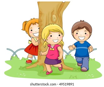 Children running around tree in the Park - Vector