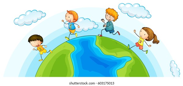 Children running around the world illustration