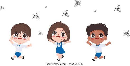 Niños huyendo corriendo de un mosquito del dengue. Concepto médico y sanitario.