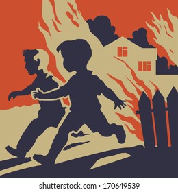 Children Running Away From Fire Flames