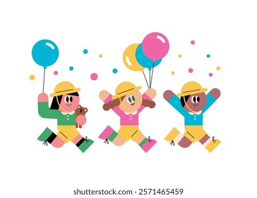 Children running with balloons. Kindergarten student. Birthday party. festivities. flat character.