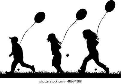 children running with balloons - vector