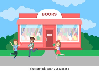 Children running at the book store building and holding books. Bookstore with shocase full of books. Flat vector illustration