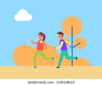 Children running, boy and girl jogging on road. Kids keeping fit, doing exercises and training together. Athlete lifestyle of family in motion vector