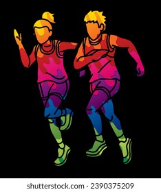 Children Running Boy and Girl Playing Together Exercise Runner Jogging Cartoon Sport Graphic Vector