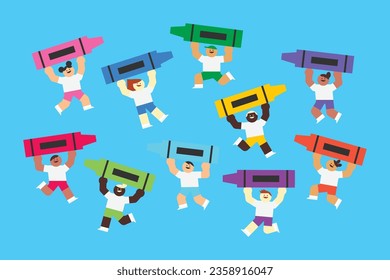 Children Running with Crayon Set Flat Design Character Illustration