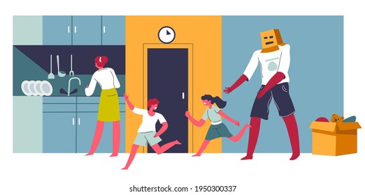 Children Running From Daddy Playing With Them. Mother Washing Dishes In Kitchen. Family Evening Spent By Mom And Dad. Fatherhood And Childhood Of Personages At Home Together. Vector In Flat Style