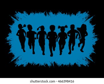 Children running, Designed on grunge frame background graphic vector.