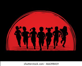 Children running, Designed on sunset background graphic vector.