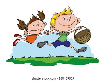 Children running with empty Basket