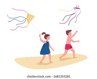 Children running with flying kites flat color vector faceless characters. Kids beach activity. Boy and girl summer entertainment isolated cartoon illustration for web graphic design and animation