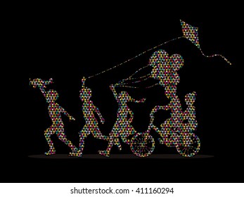 Children running, Friendship designed using colorful mosaic pattern graphic 
