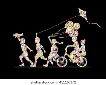 Children running, Friendship designed using colorful halftone pattern graphic 