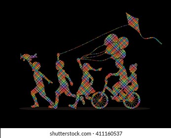 Children running, Friendship designed using colorful pixels graphic vector.