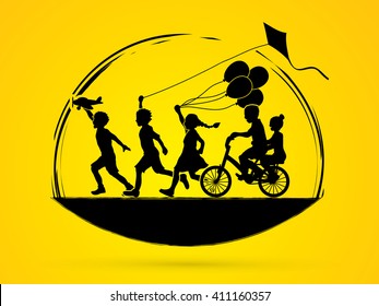 Children running, Friendship graphic vector.