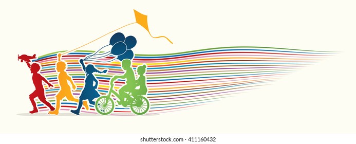 Children running, Friendship with line rainbows movement graphic 