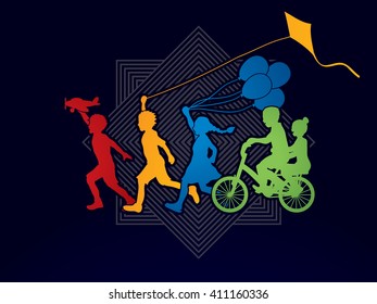 Children running, Friendship on line square background graphic