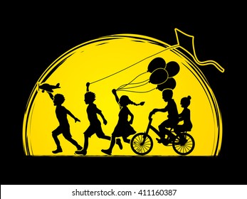 Children running, Friendship on moonlight background graphic vector.