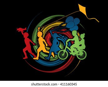 Children running, Friendship on spin wheel background graphic 