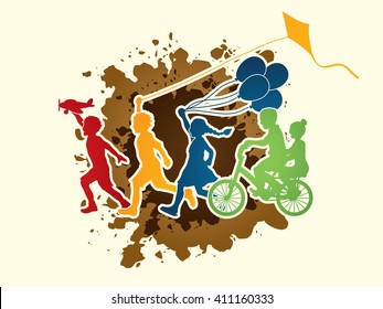 Children running, Friendship on splash mud background graphic 