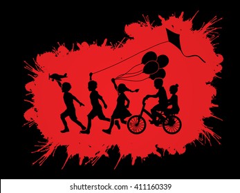 Children running, Friendship on splash color background graphic vector.