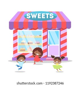 Children running in front of bright candy shop with showcase. Cute sweet store building in the city front view. Isolated flat vector illustration