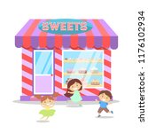 Children running in front of candy shop with showcase. Cute sweet store building in the city front view. Isolated flat vector illustration