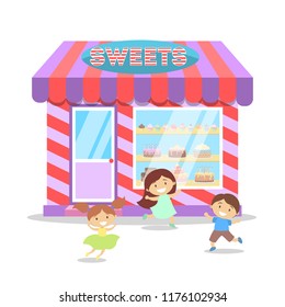 Children running in front of candy shop with showcase. Cute sweet store building in the city front view. Isolated flat vector illustration