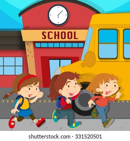 Children running in front of school illustration