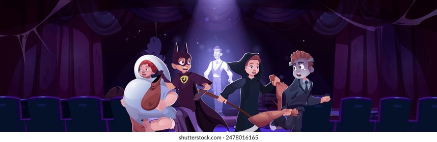 Niños corriendo de hombre fantasma en la Ilustración vectorial del escenario del teatro. Foco en el personaje muerto espeluznante cerca de la cortina. Espeluznante actuación de monstruos y embrujó a los niños. Escena espeluznante de horror para el carnaval