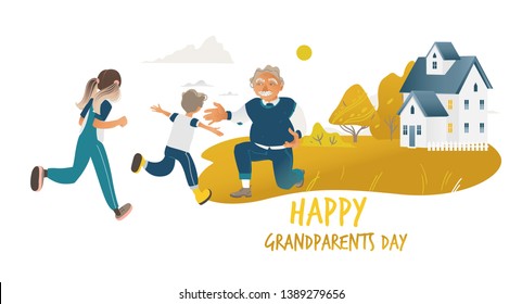 Children running to hug grandfather standing on one knee cartoon style, vector illustration isolated on white background. Happy grandparents day design with boy and girl and grandpa in countryside